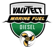 Diesel fuel logo with a shield, text “Valvetect Marine Fuel Diesel,” and a small propeller emblem at the bottom.
