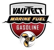 A gasoline badge logo reading &ldquo;Valvetest Marine Fuel Gasoline&rdquo; with a small propeller graphic at the bottom.