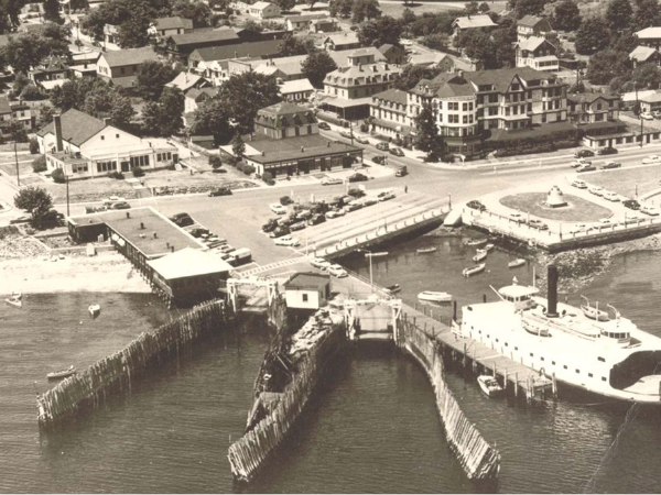 A historic photo of East Ferry Wharf in Jamestown, Rhode Island. Circa 1958.