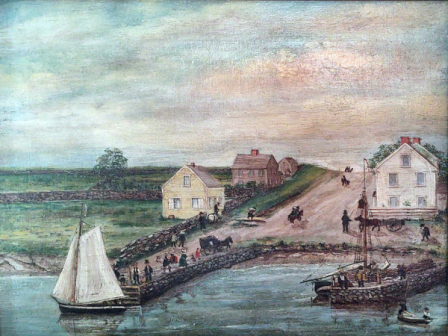 A tranquil harbor scene with a sailboat at the dock, a church or houses along a road, people and horse-drawn carts by the shore, and calm water.