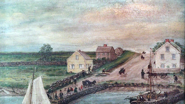 A coastal village scene with a sailboat by a calm harbor, small houses on a hill, people near the pier, and a gentle, pastel sky.