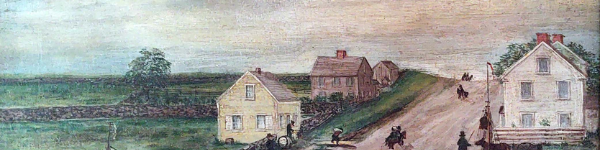 A coastal village scene with a sailboat by a calm harbor, small houses on a hill, people near the pier, and a gentle, pastel sky.