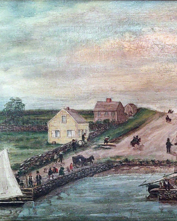 A coastal scene with small houses near a shore, a dock, sailboat on the water, people and horses along a road, and a calm seascape.
