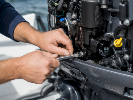 A person works on an outboard motor, using a tool to tighten or adjust components on the engine with hands and machinery visible.