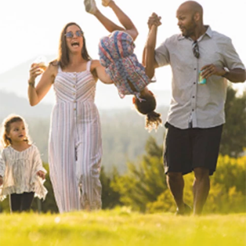 A family of four is enjoying a sunny day; parents are holding hands with their children, swinging one child in the air, on a grassy field.